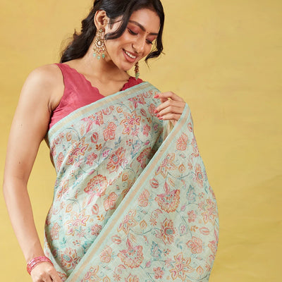 Turquoise Handwoven Linen Saree Printed With Floral Motifs