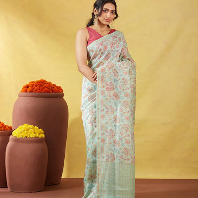 Turquoise Handwoven Linen Saree Printed With Floral Motifs
