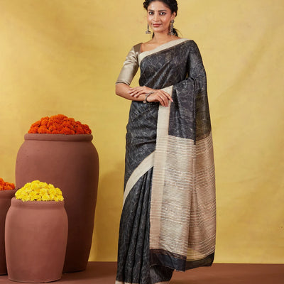 Black Handloom Tussar Silk Saree With Printed Leafy Motifs