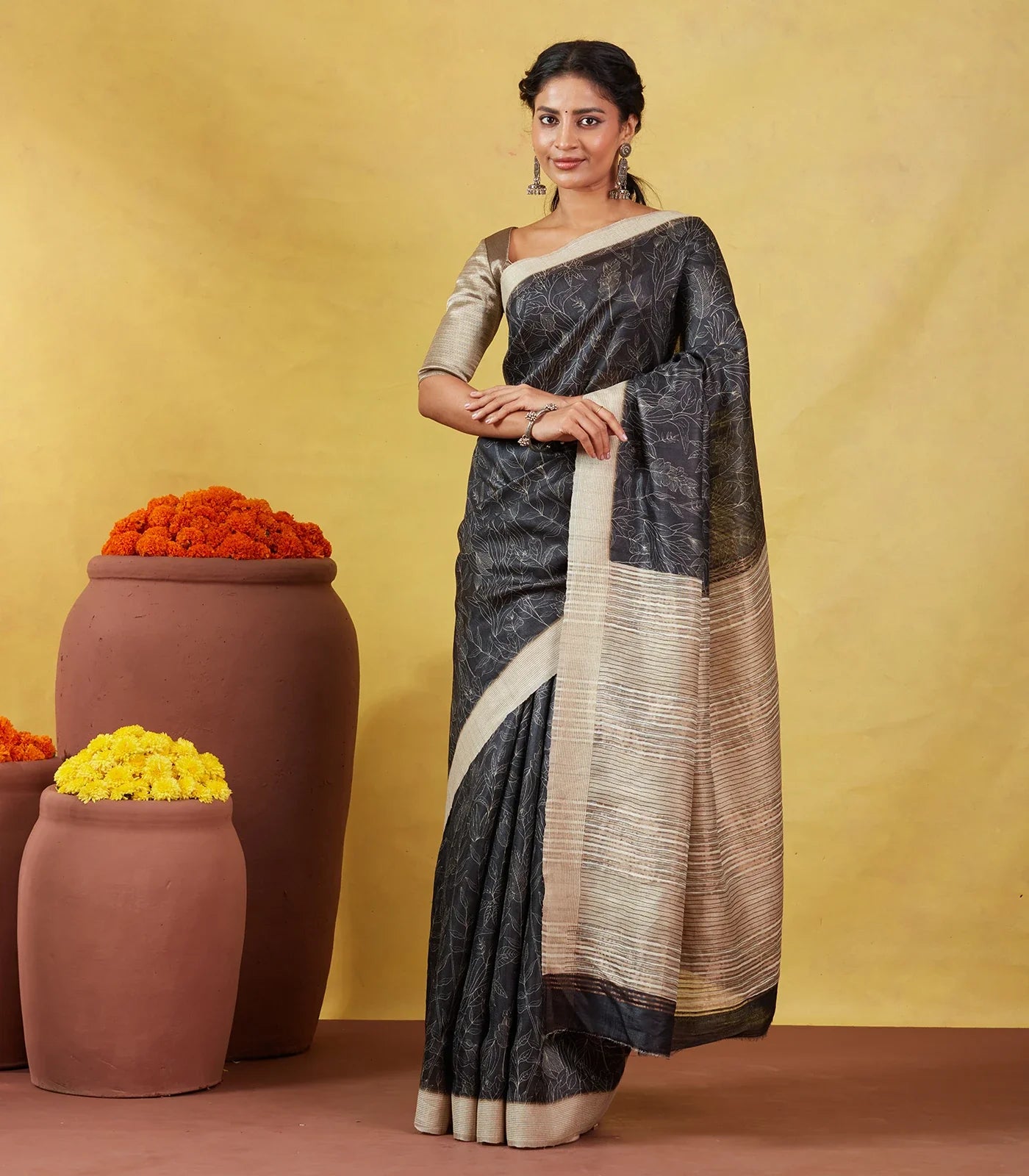 Black Handloom Tussar Silk Saree With Printed Leafy Motifs