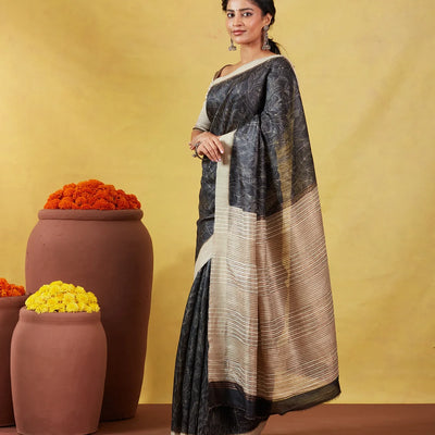 Black Handloom Tussar Silk Saree With Printed Leafy Motifs