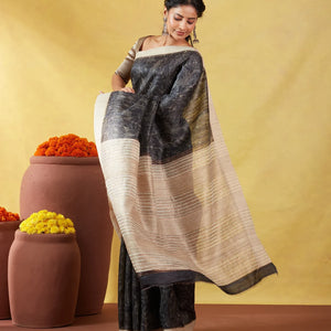 Black Handloom Tussar Silk Saree With Printed Leafy Motifs