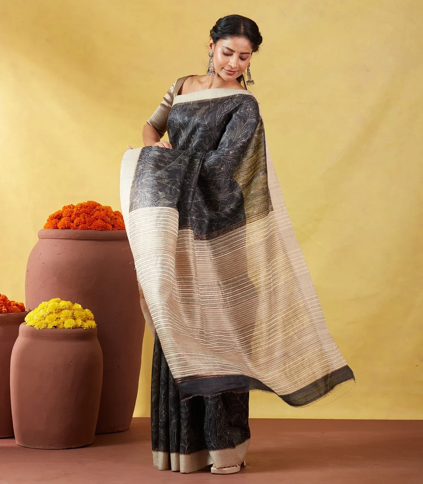 Black Handloom Tussar Silk Saree With Printed Leafy Motifs