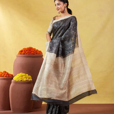 Black Handloom Tussar Silk Saree With Printed Leafy Motifs