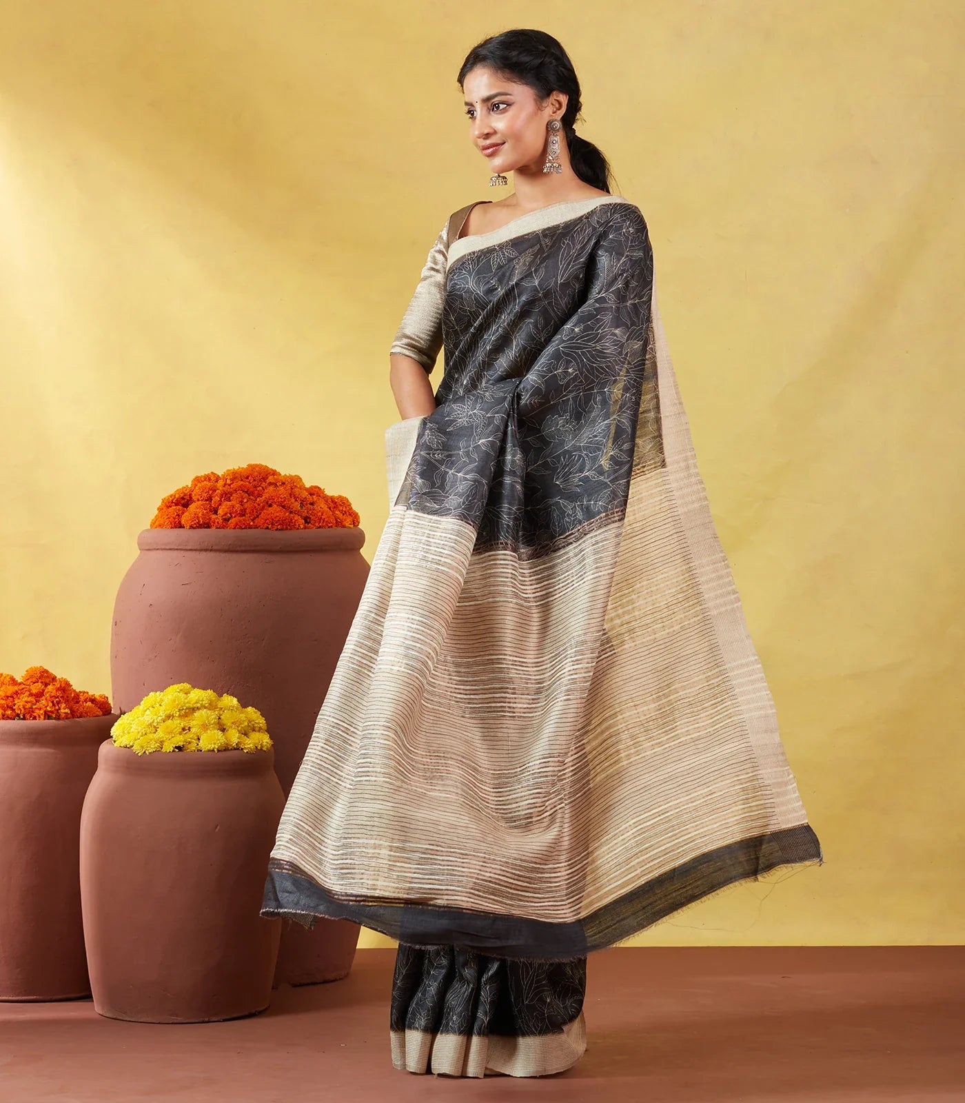 Black Handloom Tussar Silk Saree With Printed Leafy Motifs
