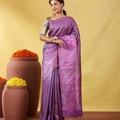 Lilac Soft Silk Saree With Floral Zari Motifs