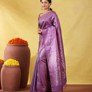 Lilac Soft Silk Saree With Floral Zari Motifs