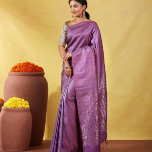 Lilac Soft Silk Saree With Floral Zari Motifs