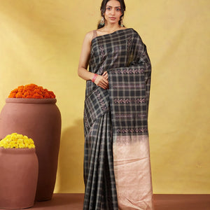 Black Soft Silk Saree With Floral Motifs & Zari Checks
