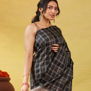 Black Soft Silk Saree With Floral Motifs & Zari Checks