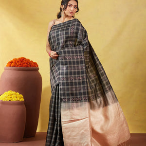 Black Soft Silk Saree With Floral Motifs & Zari Checks