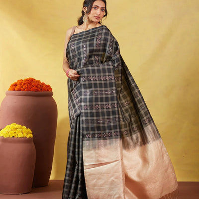 Black Soft Silk Saree With Floral Motifs & Zari Checks
