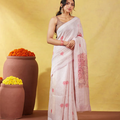 Baby Pink Handwoven Linen Saree With Floral Print