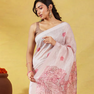 Baby Pink Handwoven Linen Saree With Floral Print