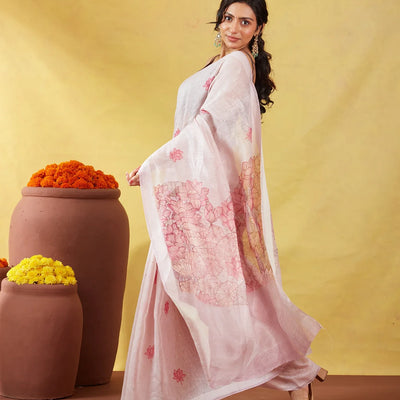 Baby Pink Handwoven Linen Saree With Floral Print