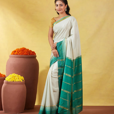 Light Green Mysore Plain Crepe Silk Saree With Contrast Green Border