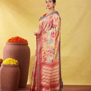 Light Peach Handloom Tussar Silk Saree With Printed Floral Motifs