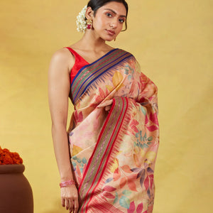 Light Peach Handloom Tussar Silk Saree With Printed Floral Motifs
