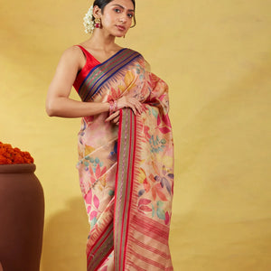 Light Peach Handloom Tussar Silk Saree With Printed Floral Motifs
