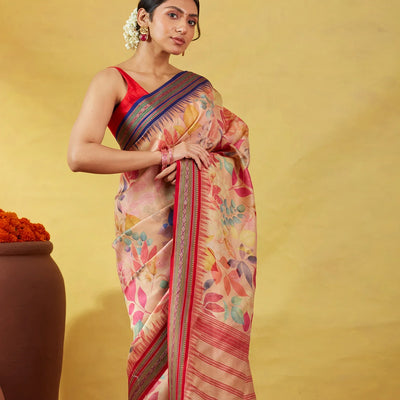 Light Peach Handloom Tussar Silk Saree With Printed Floral Motifs