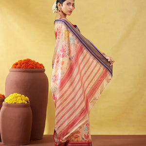 Light Peach Handloom Tussar Silk Saree With Printed Floral Motifs