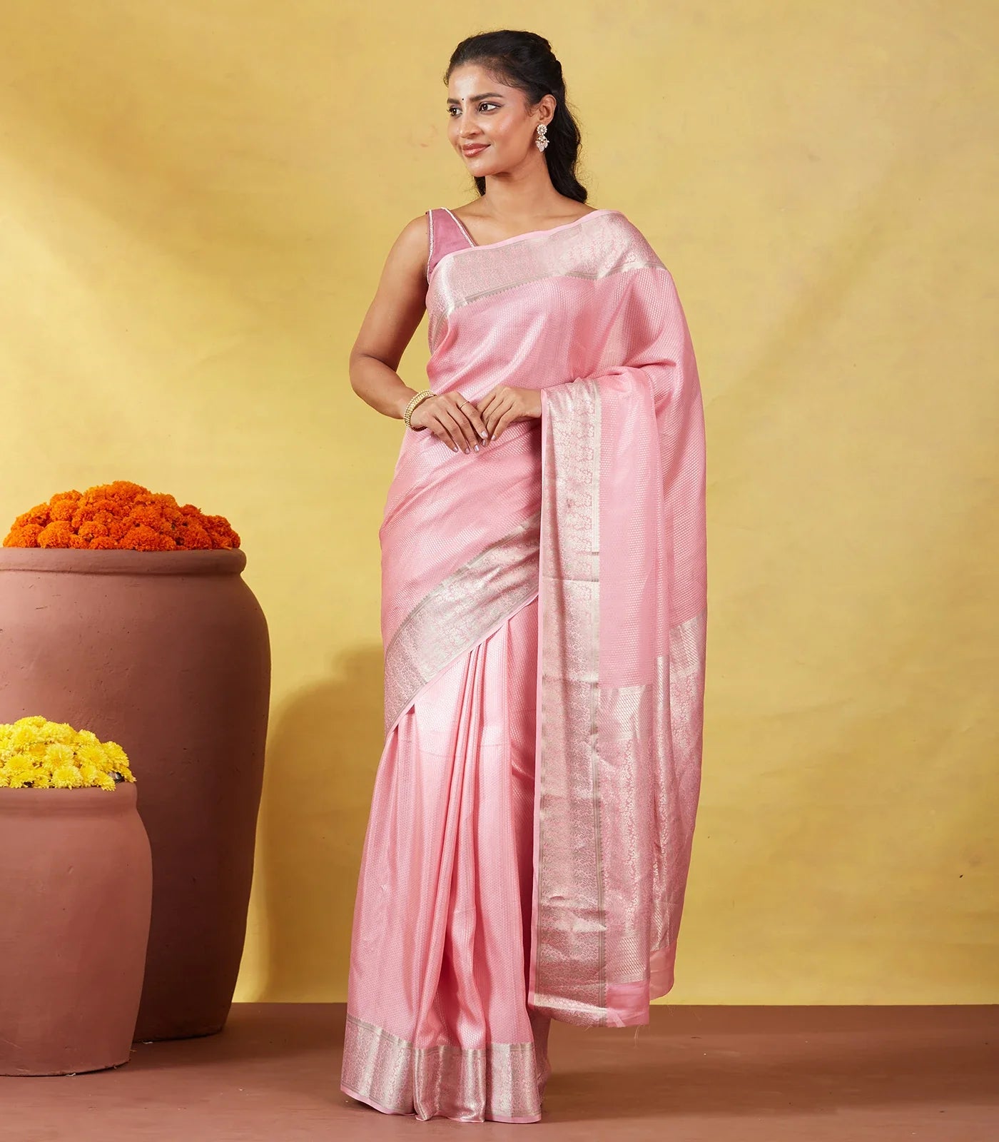 Baby Pink Mysore Crepe Silk Saree With Dotted Motifs