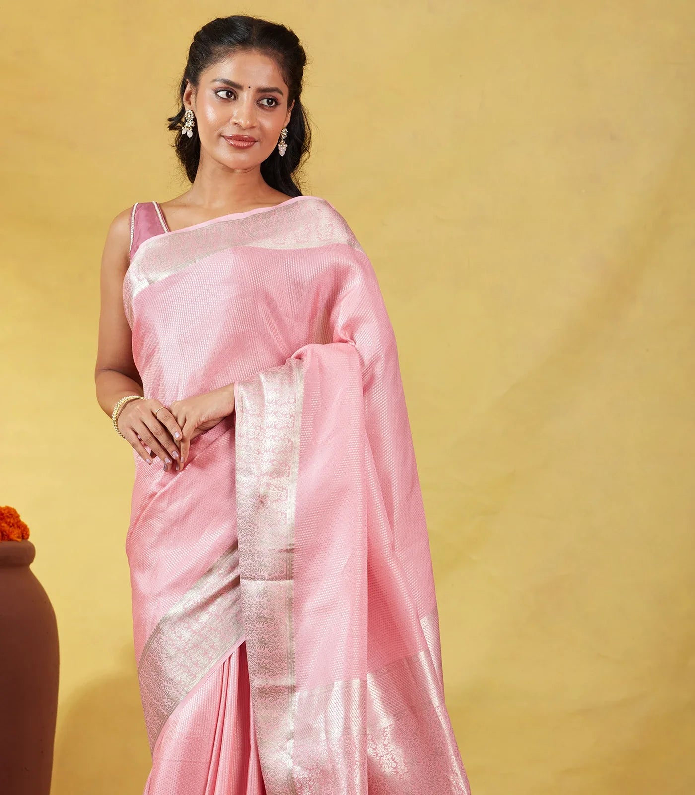Baby Pink Mysore Crepe Silk Saree With Dotted Motifs