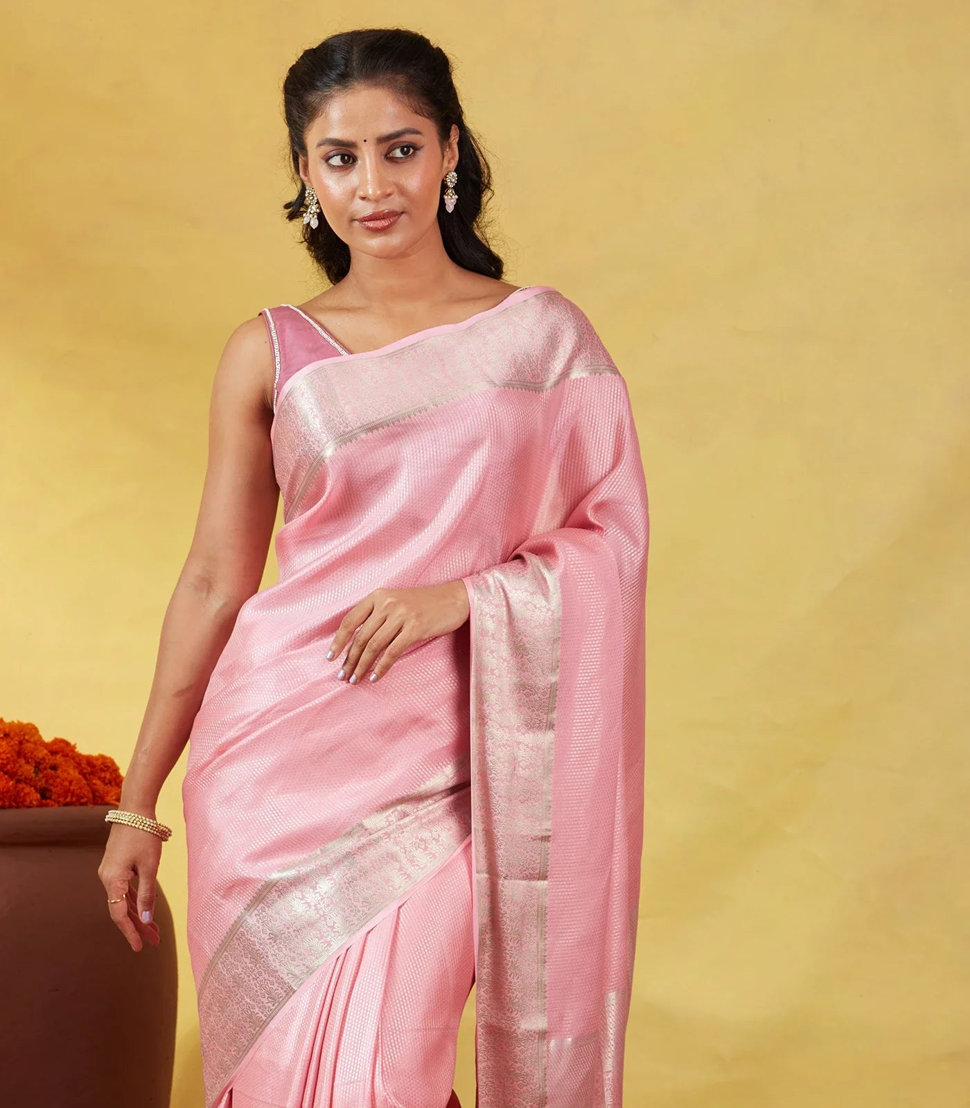Baby Pink Mysore Crepe Silk Saree With Dotted Motifs