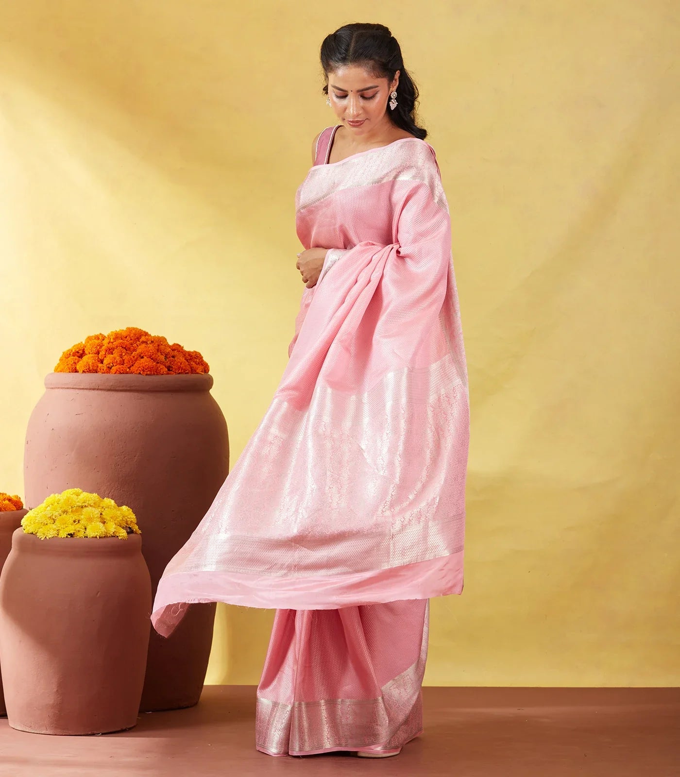 Baby Pink Mysore Crepe Silk Saree With Dotted Motifs