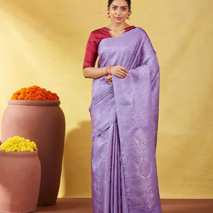 Lavender Soft Silk Saree With Floral Zari Motifs & Zari Pallu
