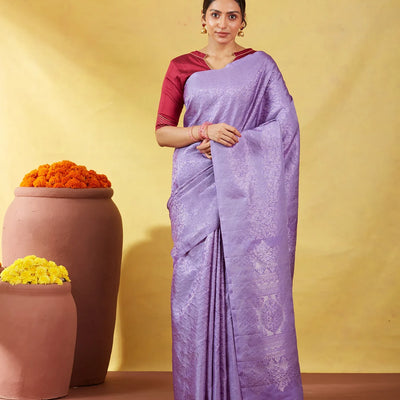 Lavender Soft Silk Saree With Floral Zari Motifs & Zari Pallu