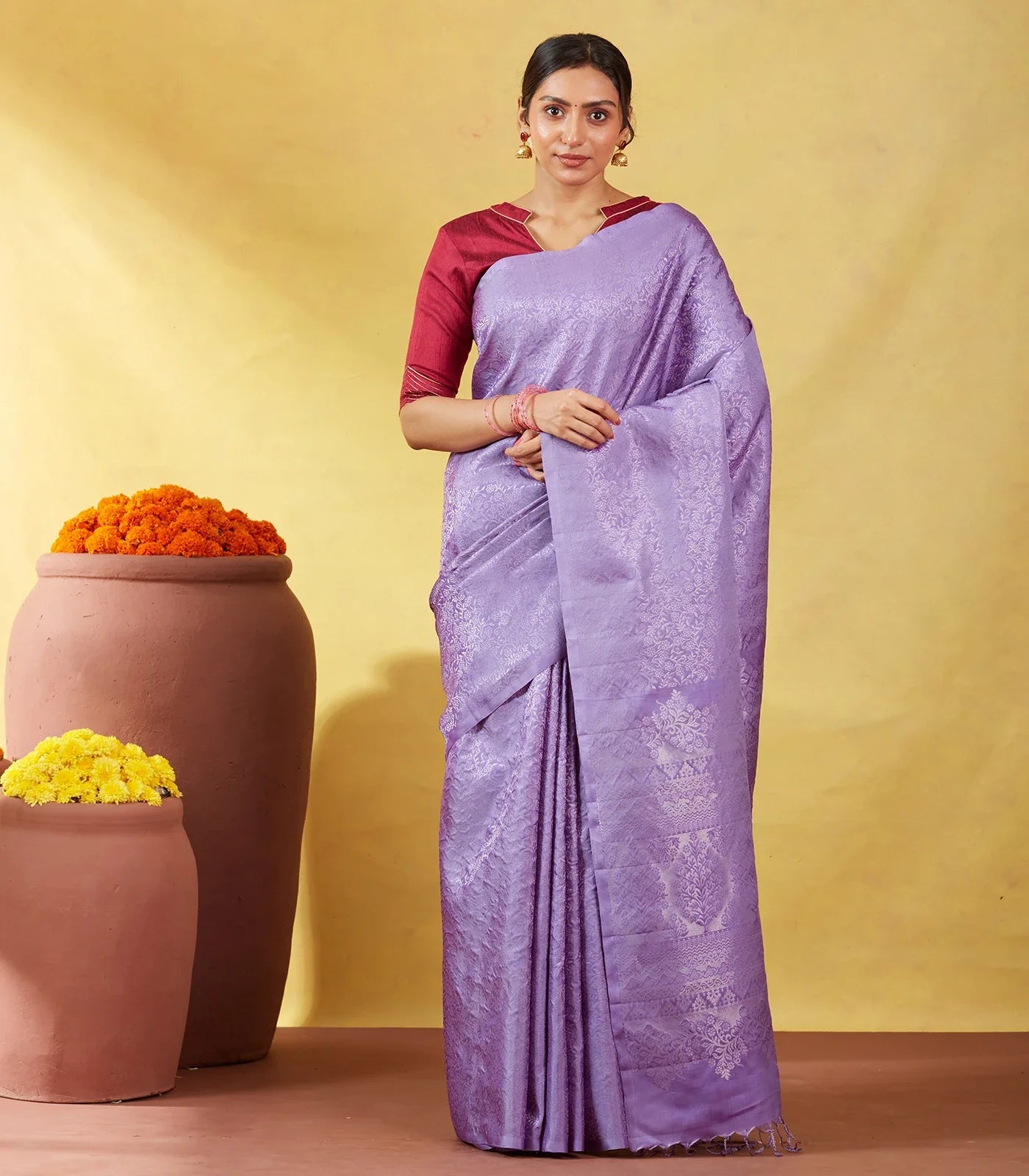 Lavender Soft Silk Saree With Floral Zari Motifs & Zari Pallu