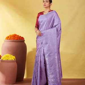 Lavender Soft Silk Saree With Floral Zari Motifs & Zari Pallu