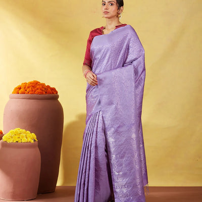 Lavender Soft Silk Saree With Floral Zari Motifs & Zari Pallu