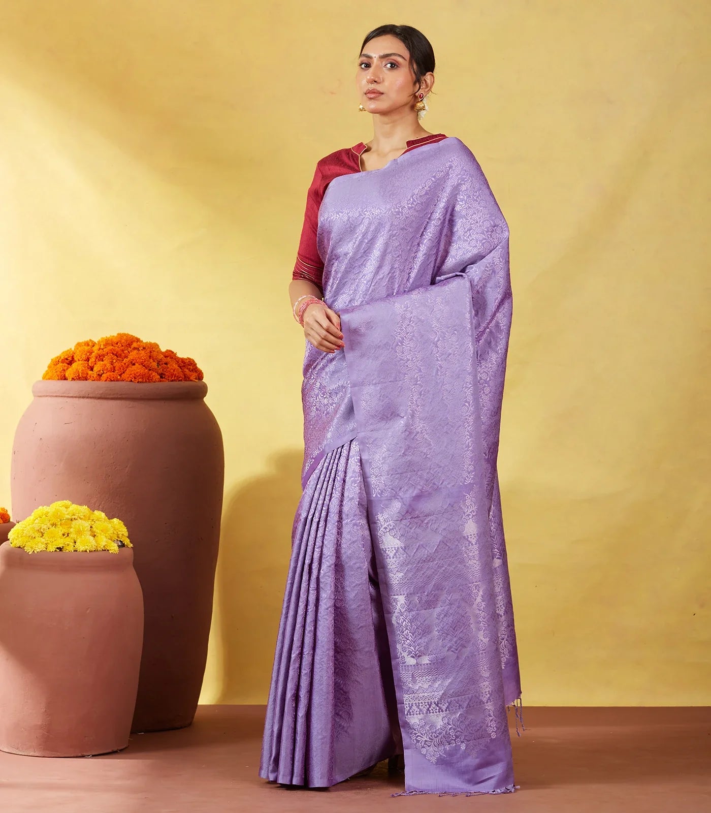 Lavender Soft Silk Saree With Floral Zari Motifs & Zari Pallu