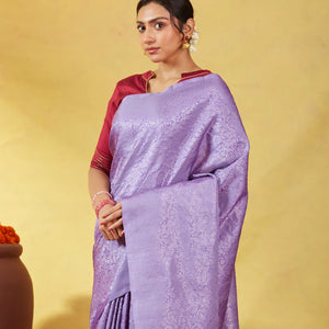 Lavender Soft Silk Saree With Floral Zari Motifs & Zari Pallu