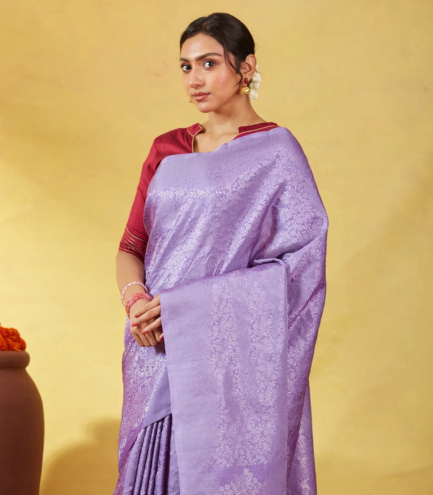 Lavender Soft Silk Saree With Floral Zari Motifs & Zari Pallu