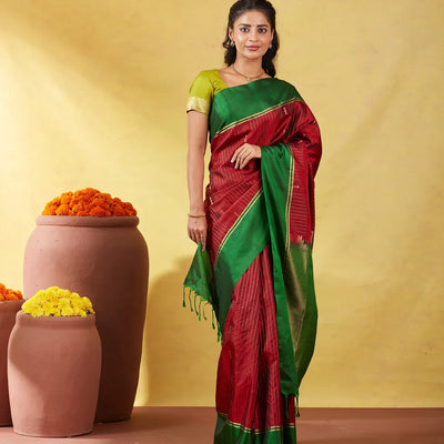 Crimson Soft Silk Saree With Zari Stripes & Green Border