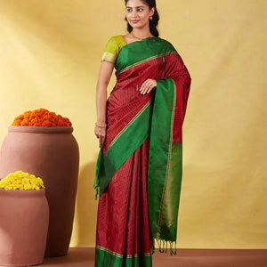 Crimson Soft Silk Saree With Zari Stripes & Green Border