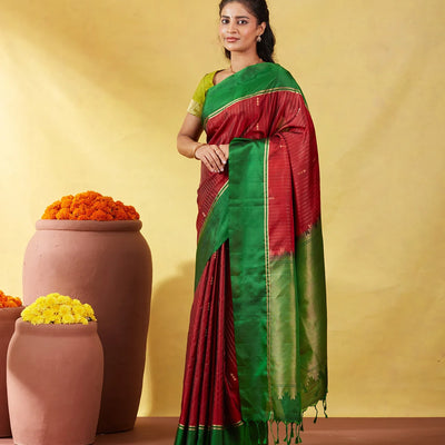 Crimson Soft Silk Saree With Zari Stripes & Green Border