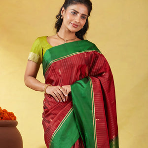 Crimson Soft Silk Saree With Zari Stripes & Green Border