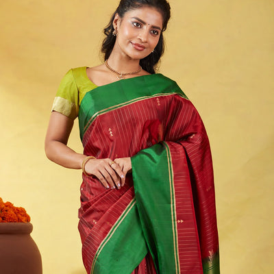 Crimson Soft Silk Saree With Zari Stripes & Green Border