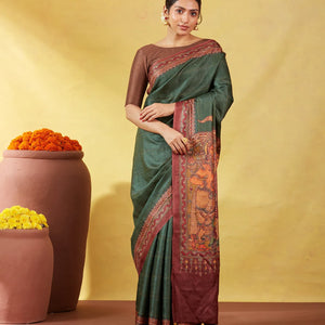 Bottle Green Handloom Tussar Silk Saree Printed With Lord Ram In Pallu
