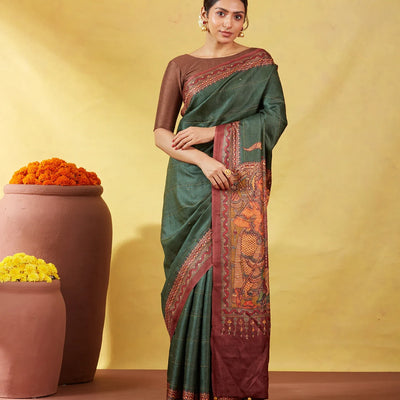 Bottle Green Handloom Tussar Silk Saree Printed With Lord Ram In Pallu