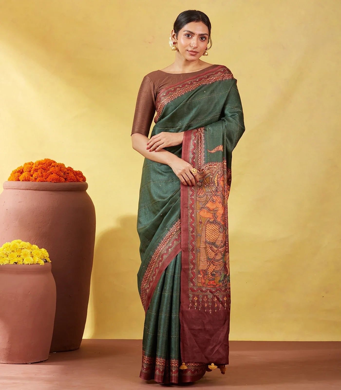 Bottle Green Handloom Tussar Silk Saree Printed With Lord Ram In Pallu