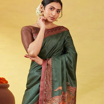 Bottle Green Handloom Tussar Silk Saree Printed With Lord Ram In Pallu