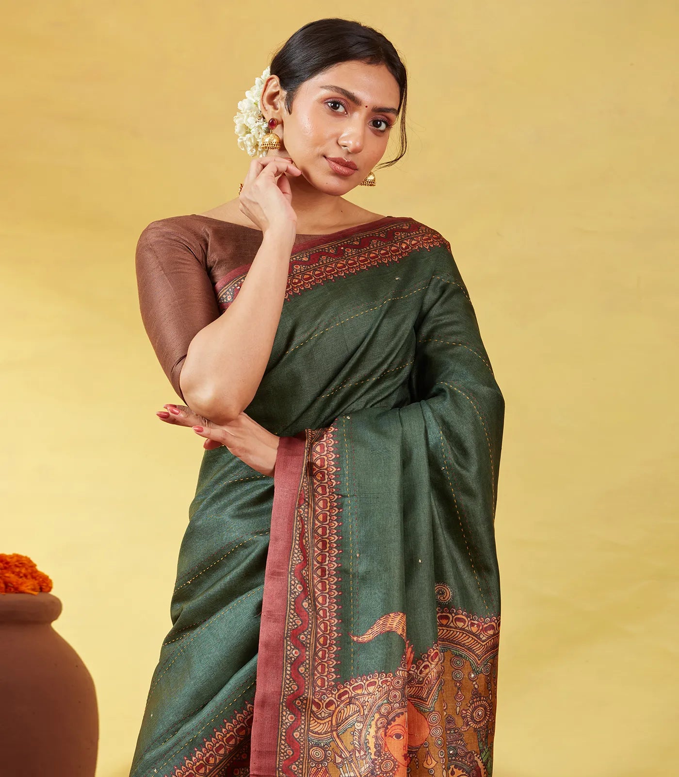 Bottle Green Handloom Tussar Silk Saree Printed With Lord Ram In Pallu