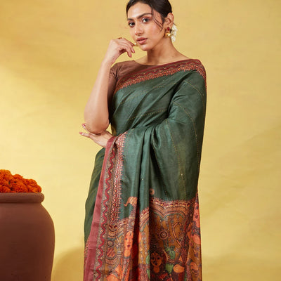 Bottle Green Handloom Tussar Silk Saree Printed With Lord Ram In Pallu