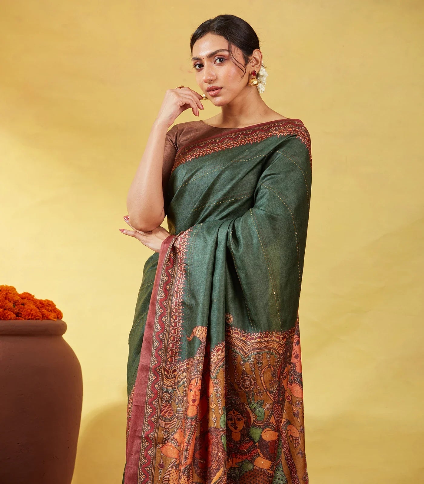 Bottle Green Handloom Tussar Silk Saree Printed With Lord Ram In Pallu