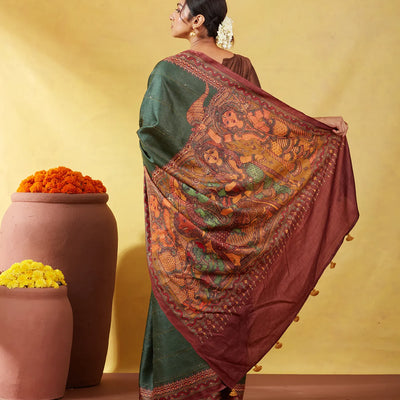 Bottle Green Handloom Tussar Silk Saree Printed With Lord Ram In Pallu